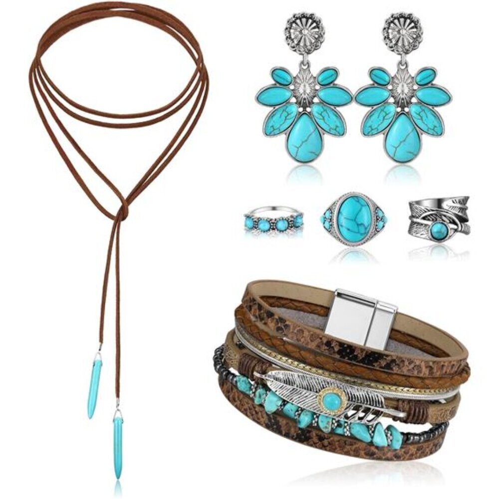 Turquoise Jewelry Set Necklace Earrings Bracelets Rings Boho Western Women Gift